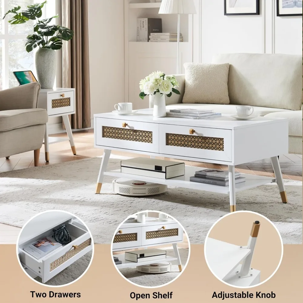 JYED Rectangle Mid Century Modern Coffee Table, Coffee Table with Storage Drawers and Open Shelf, White Wood Coffee Table for Li