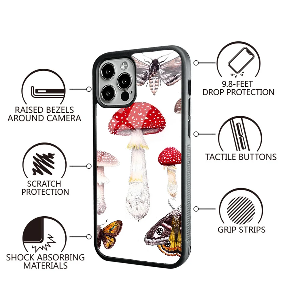 Moths And Mushrooms Phone Case For IPhone 11 12 13 14 15 Plus Pro Max Mirror Acrylic PC TPU Cover