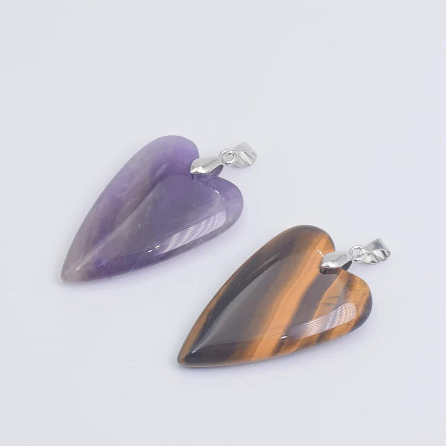 New Long Heart Stone Pendant Natural Crystal Arrowhead Amethyst Crystal Charms For Necklace Stainless Steel Chain Women Jewelry