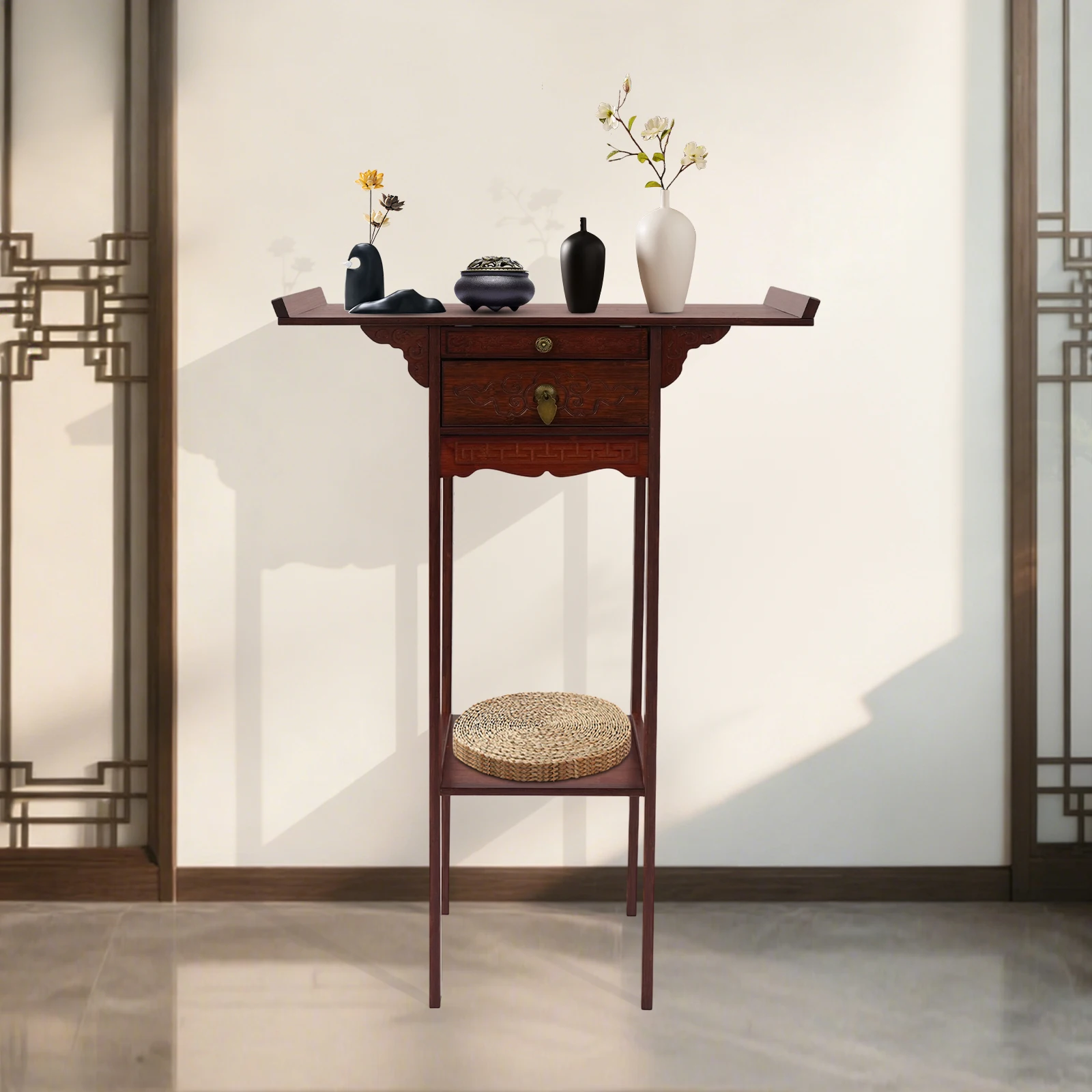 

Double Layer Entryway Table, Altar Table & Meditation Table W/ Pull-Out Shelf, 70x33x104cm Sturdy Bamboo Console for Hallway
