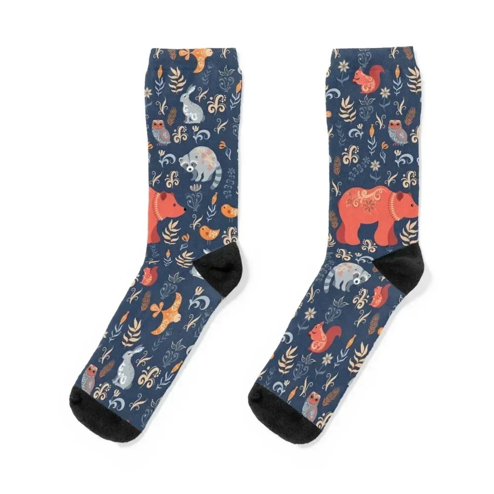 Fairy-tale forest. Fox, bear, raccoon, owls, rabbits, flowers and herbs on a blue background. Socks happy Man Socks Women's