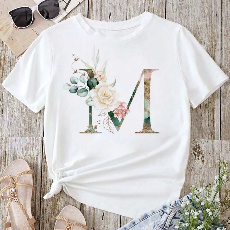 Women's Pattern Flower and English Letter Cartoon Fashion Aesthetics Women's Top Short Sleeve Printed Women's Top Women T Shirt