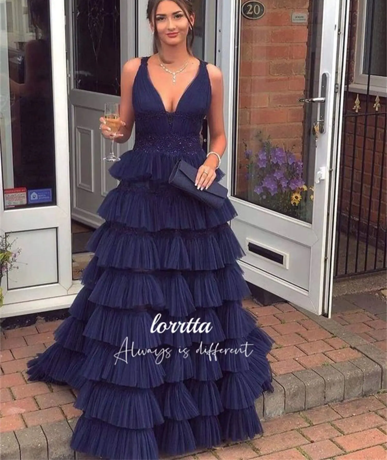 Lorrtta-vestido de coquetel azul marinho feminino, em camadas, decote v, linha A, vestido de formatura, baile, festa de casamento, vestidos de noite, elegante