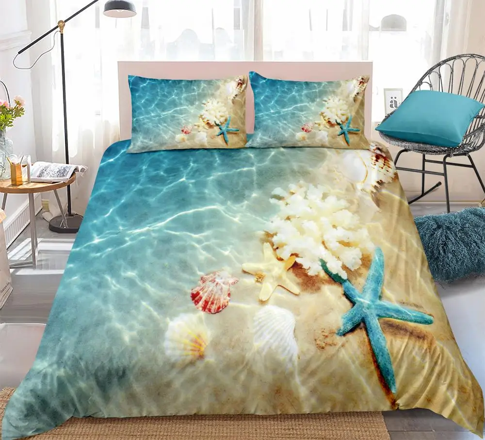 

Ocean Bedding Set Coast Beach Duvet Cover Set Blue Starfish Bed Set Kids Teen Shell Home Textiles Summer Bedspread Quilt Cover