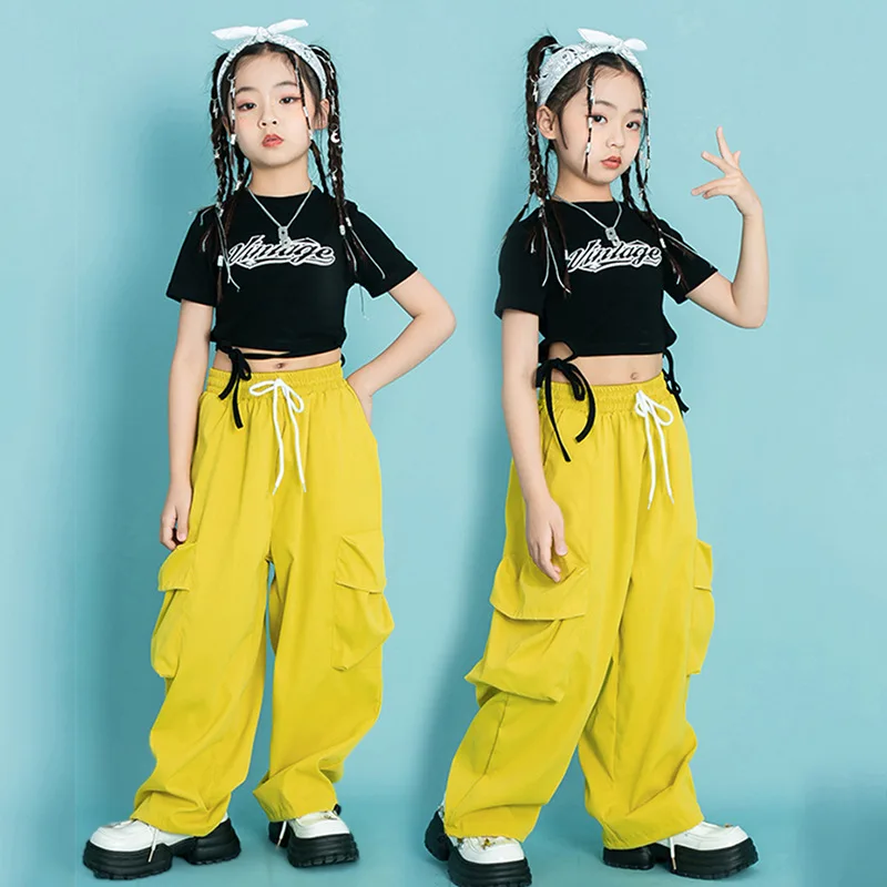 

Kid Cool Hip Hop Clothing Lace up Black Crop Top T Shirt Yellow Casual Street Cargo Pants for Girls Jazz Dance Costume Clothes
