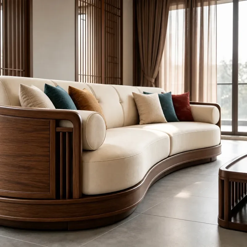 New Chinese Style Curved Solid Wood Sofa Straight Row Xiangyun Carved Villa Living Room Furniture Light Luxury Song Style