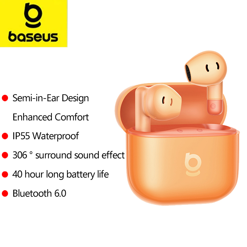  Baseus 306°Surround Sound Wireless Earbuds Bluetooth 6.0 Semi-in-Ear Earphones 2-Mic AI ENC 40H Playtime IP55 SuperBass Ear buds 