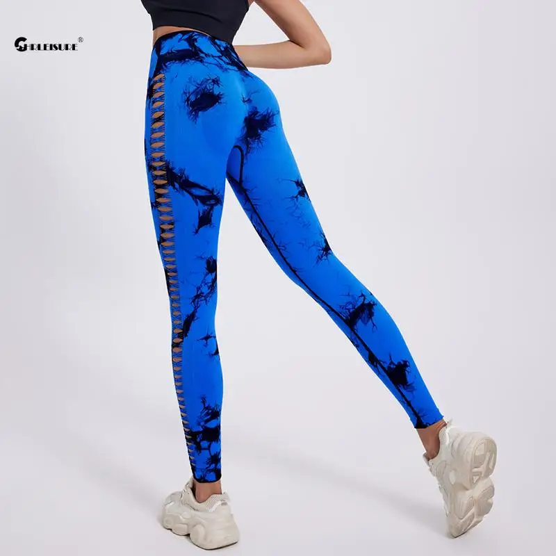 CHRLEISURE Sexy Hollow Seamless Yoga Pants Tie Dye Sport Leggings for Women Butt Lift Workout Tight