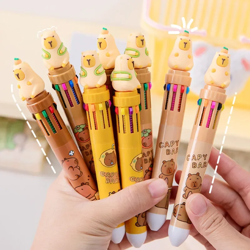 12Pcs Wholesale Creative Cartoon Capybara Ten-color Push Ballpoint Pen Student Cute Animal Series Multi-color Pen Stationery