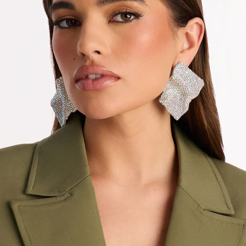 Newly Designed Exaggerated Rhinestone Geometric Square Earrings Fashion High end Accessories For Women Wedding Jewelry Gifts