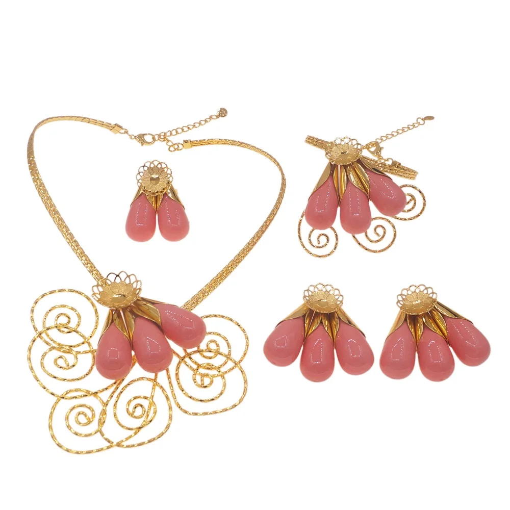 Hotsale luxury pink beads flower jewelry set simple Collar Brazalete Aretes Anillo 4PC Set Free Shipping for navidad Christmas