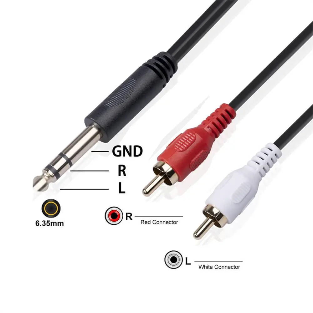 1.5Meter 6.35Mm 1/4 Inch Male to 2 RCA Male Stereo Audio Adapter Y Splitter RCA Cable