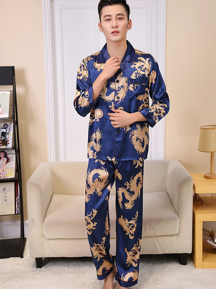 

Yanman Men's Silk - Like Pajamas, Dragon Pattern Button - Front Set, Loungewear Sleep Outfit