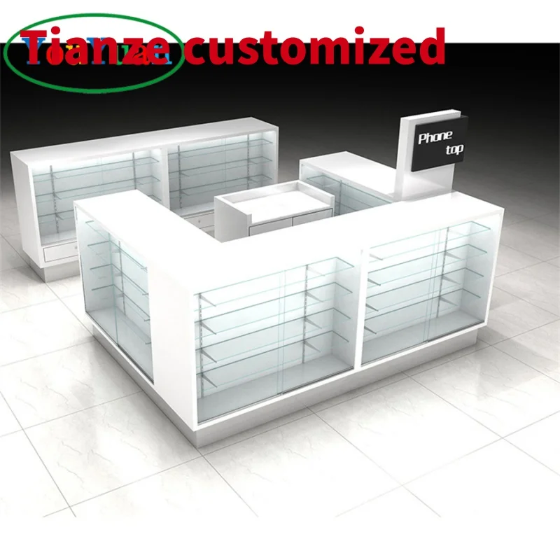 (Customized) customized slatwall display cabinet tempered glass LED Lighting Showcase Mall 3D cell phone kiosk store