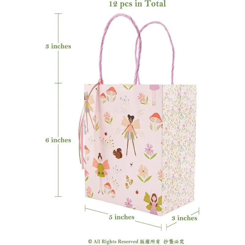 12 Pcs Woodland Fairy Theme Gift Bag Set with Ribbon Decorations for Birthday Party Fairies Bag Pink Boxes with Mushroom Flower