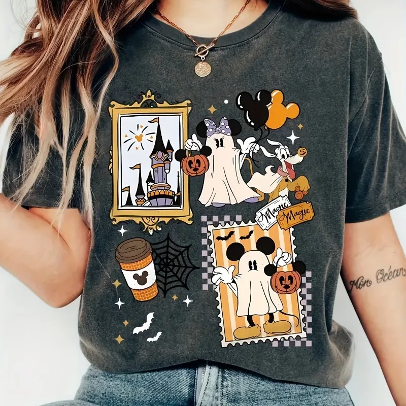 Camiseta estampada de la serie Disney Halloween para mujer, novedad de verano, estilo informal para hombre y mujer, ropa de moda urbana