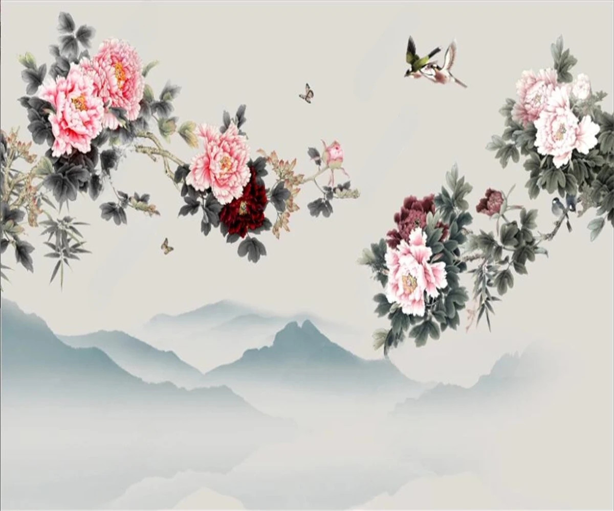 

Custom size mural flower rich peony Chinese TV background wall murals hand-painted flower decorative painting 3d wallpaper