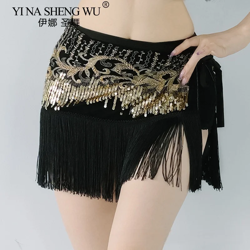 Belly Dance Free Size Hip Scarf Sequin Wrap Skirt Sexy Lacing Waist Belt Dress Costume Black Turquoise Color