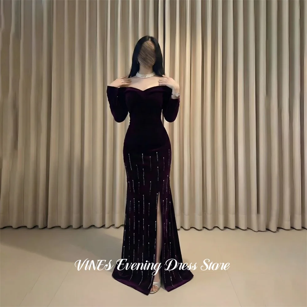 

VINES Plum Velvet Evening Dress Off Shoulder Prom Dress with Beaded Party Dress Side Slit Mermaid Celebrity Dress Customized