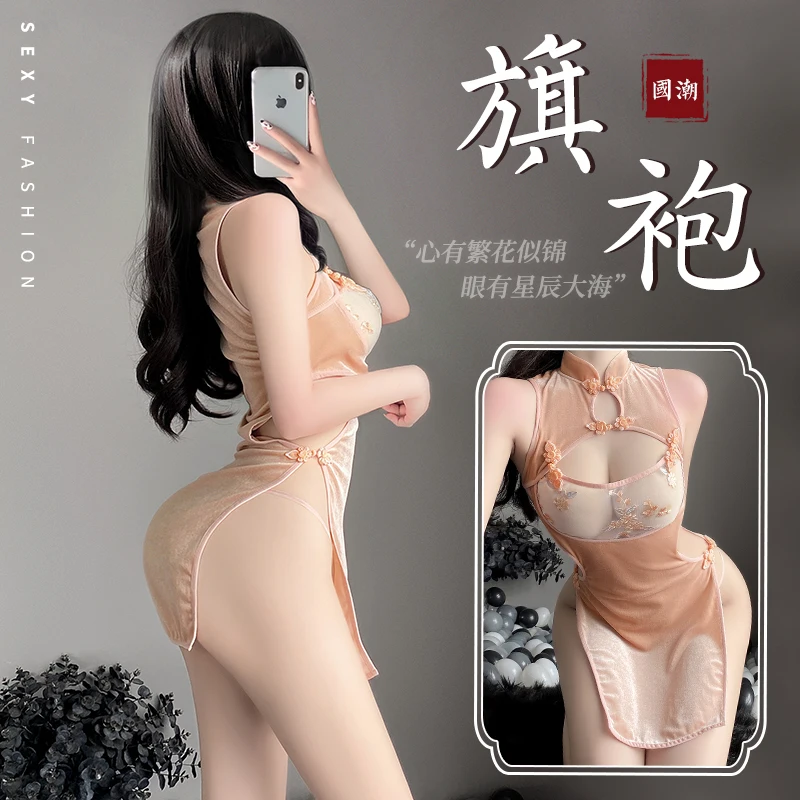 

Chinese Cheongsam Sexy Lingerie Nightgowns Temptation Embroidery Hollow Out Perspective Mini Chi-pao Sleepwear High Split Dress