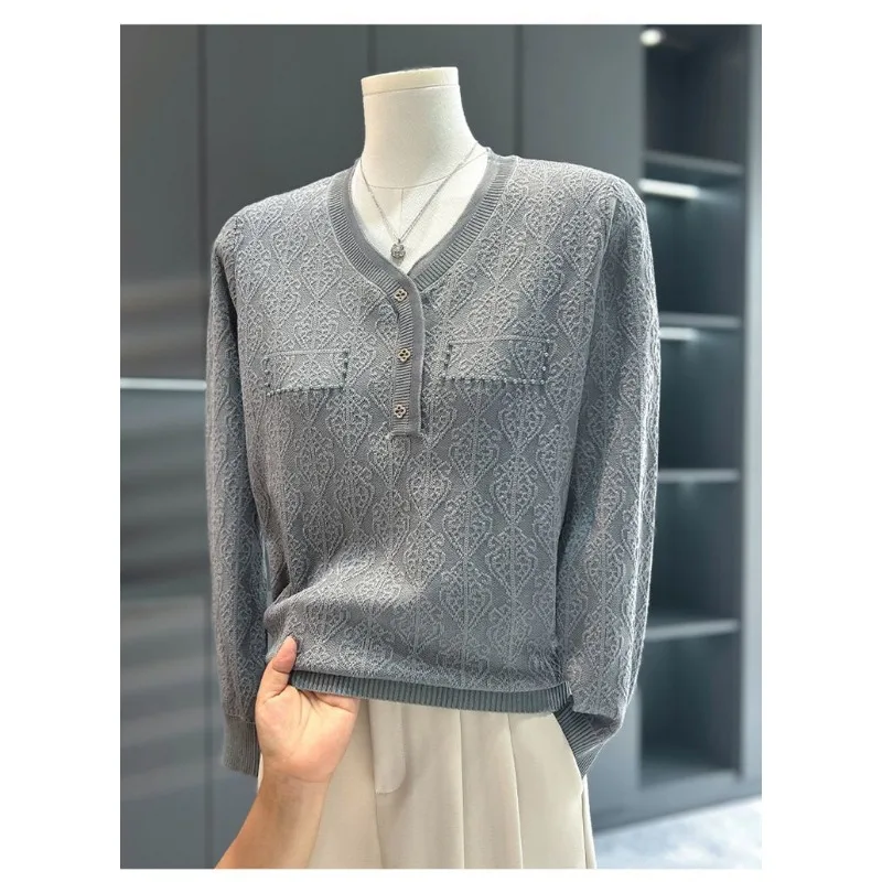 Pullover a maniche lunghe casual versatile autunnale da donna Bottoni con scollo a V Top lavorato a maglia a maniche lunghe tinta unita alla moda