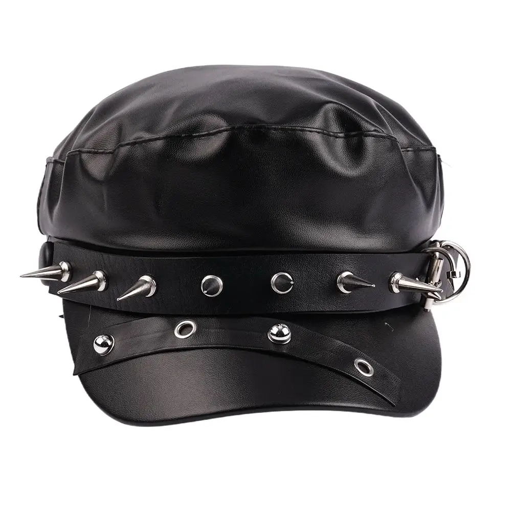 Women's Studded Beret Hat Biker Punk Rocker Cap Hat Fashion Gothic Newsboy Peaked Cap PU Leather Captain Sailor Hat