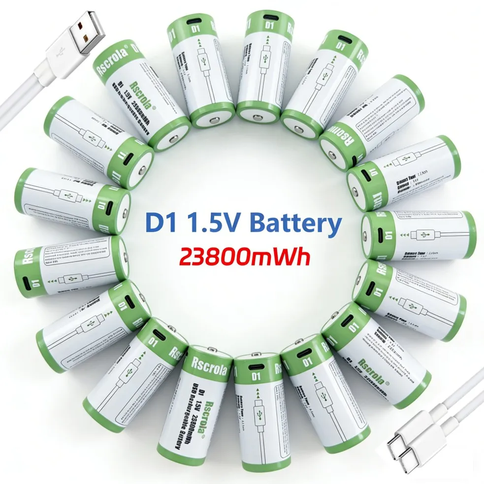 Rechargeable D Batteries 23800mWh Li-ion D Batteries with Charger Cable 1.5V D1 Battery for Gas Stove Flashlight Radio Tool Toy