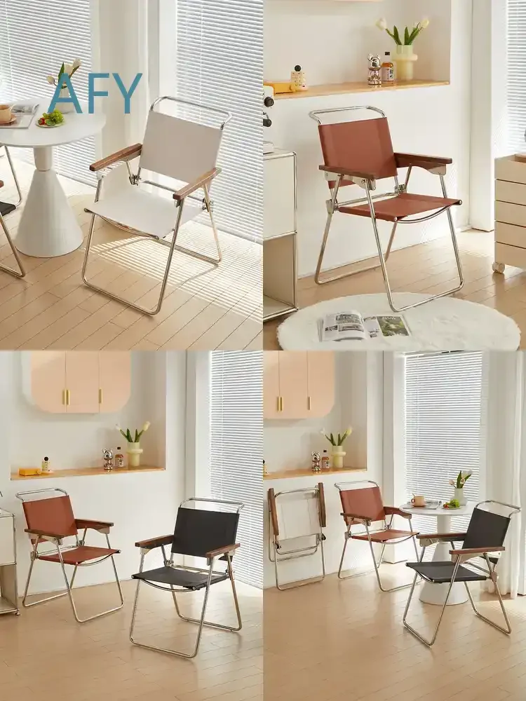 Nordic Minimalist Saddle Leather Dining Chairs for Stainless Steel Folding Chair Outdoor Leisure Chair Multi-function