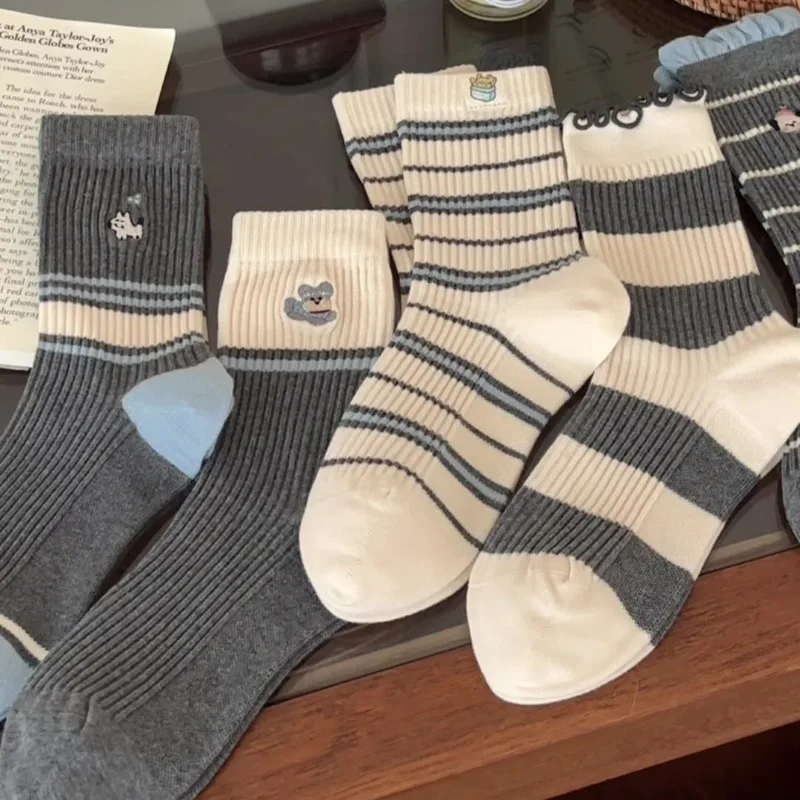 5 Pairs Autumn Winter Cotton Socks Gray Striped Women's Mid-Calf Coquette Socks College Style Knee-High Warm Socks High Quality