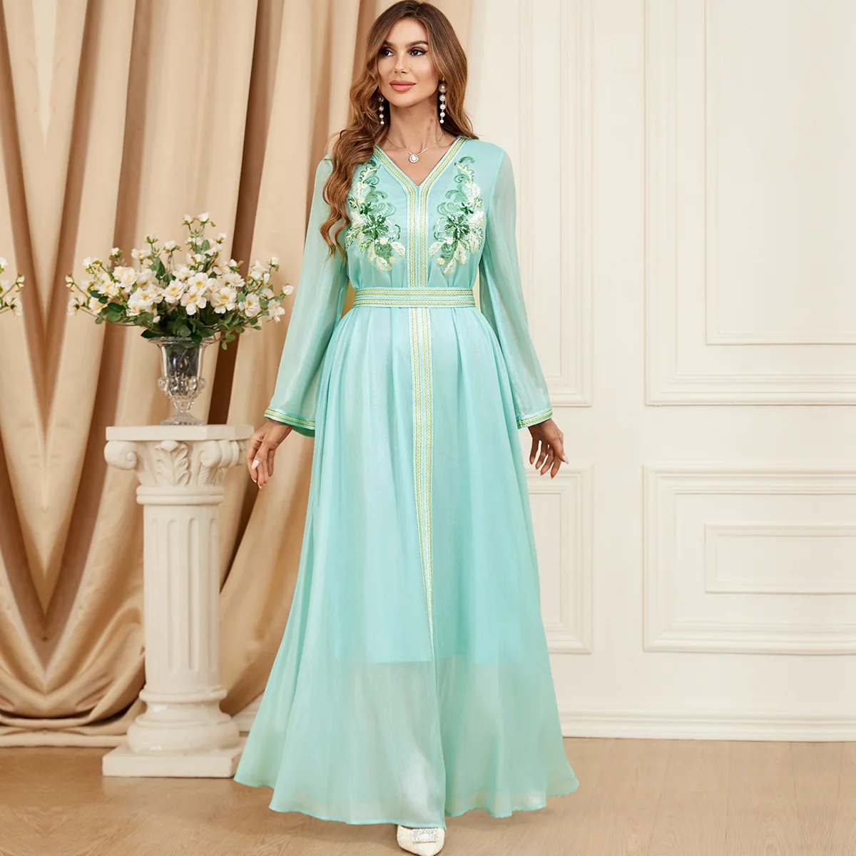 

African Dubai Islamic Dress For Woman Evening Party Chic Sequins Full Sleeve V-Neck Belted Gown Jalabiya Moroccan Abaya