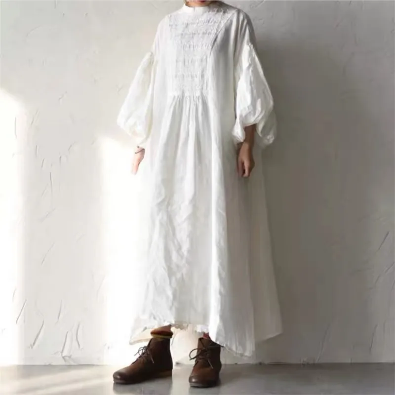 Johnature Vintage Linen Puff Sleeve Women Dresses 2024 Summer New Solid Color Patchwork Lace Loose Pockets Female Dress