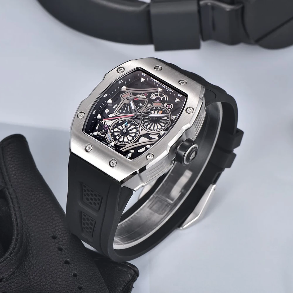 PAGANI DESIGN Black Silicone waterproof Men Hollowed Large Dial Fashionable MilitaryStyle Original Quartz Movement Sports Watch