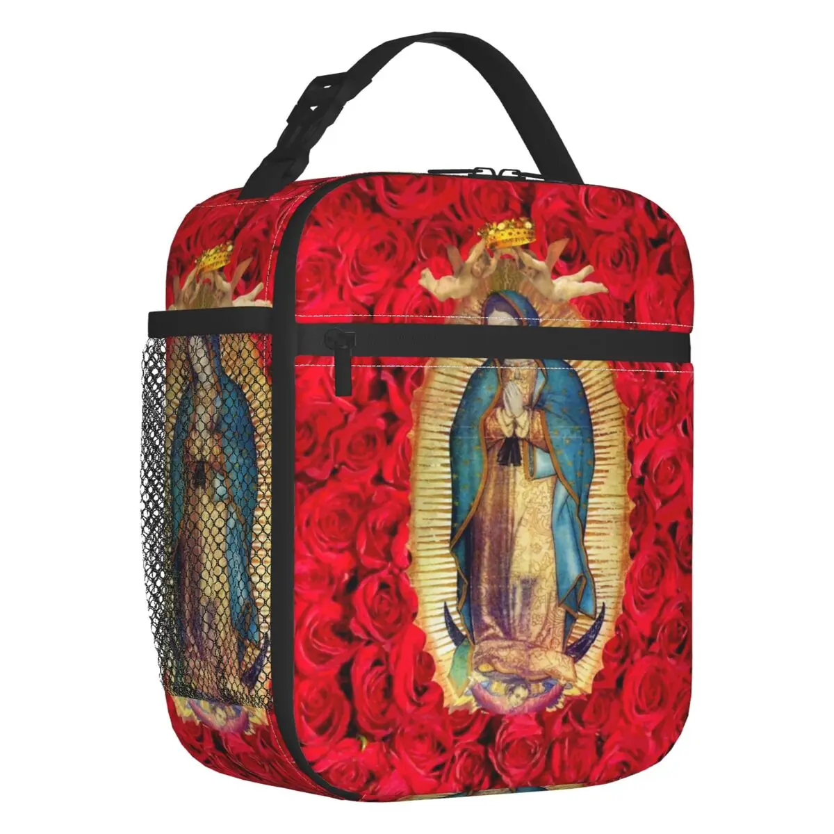 

Guadalupe Virgin Mary With Flowers Insulated Lunch Bag for Women Portable Catholic Cooler Thermal Bento Box Kids School Children