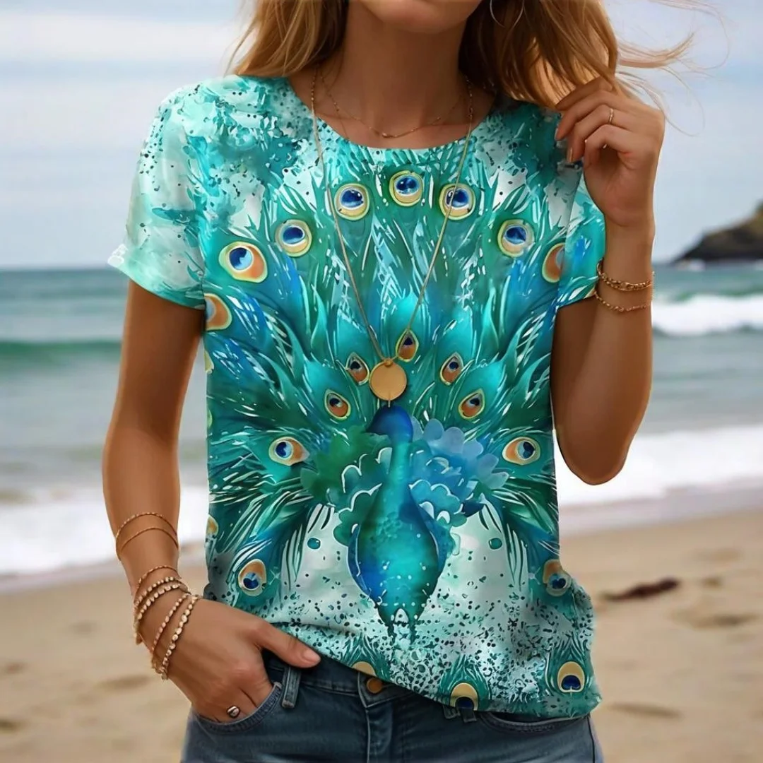 

Fashion Women's T-shirt Round Neck Short Sleeve Summer Outdoor Casual Tops 3D Peacock Printed Patterns OverSize Women's Clothing