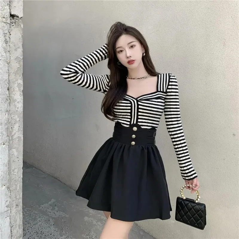 Mini Female Outfits Crochet Long Sleeve Knit Sexy Lightly Cooked Short Women's Two Piece Set Party Skirt Night Club Y2k Clothes