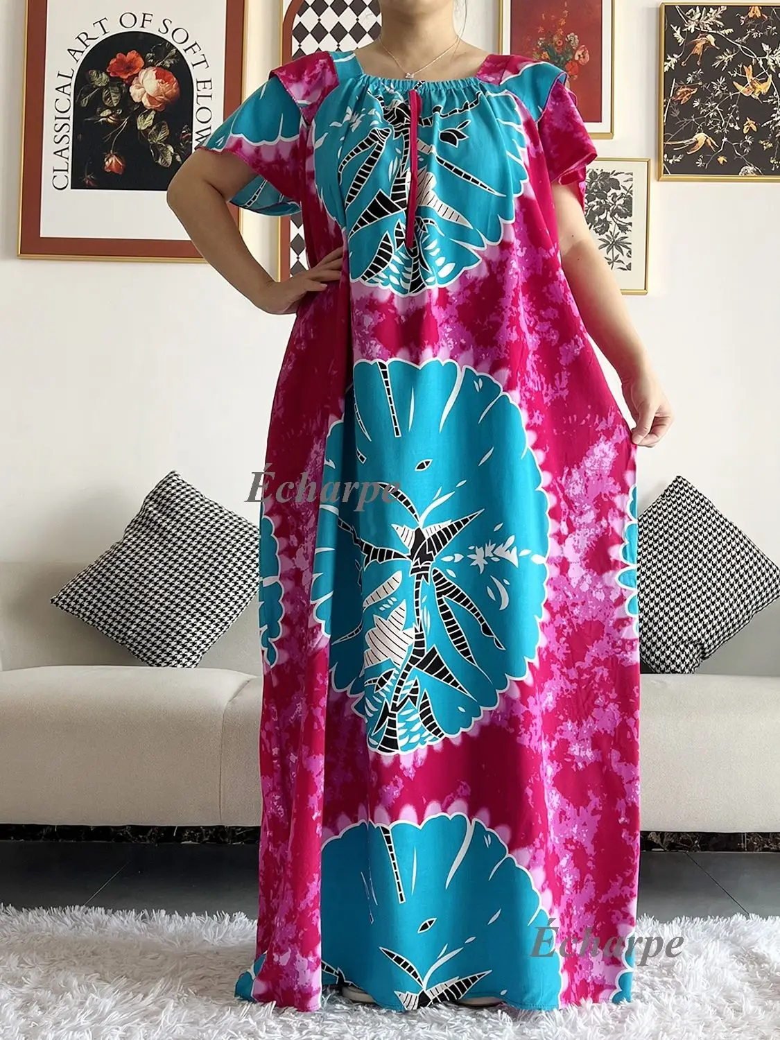 2023 African Dashiki Dress Kaftan Abaya Cotton Boat-neck Floral Dress Printed Short Sleeve Loose Women Casual Dress with Scarf