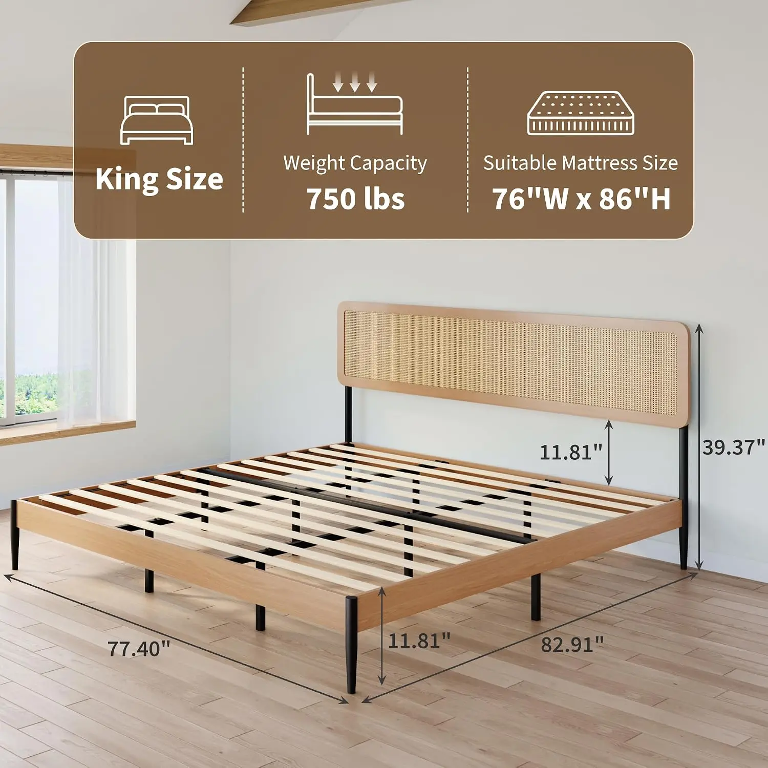 Rattan Bed Frame Woven Headboard Wood Platform No Box Spring Needed, Customized