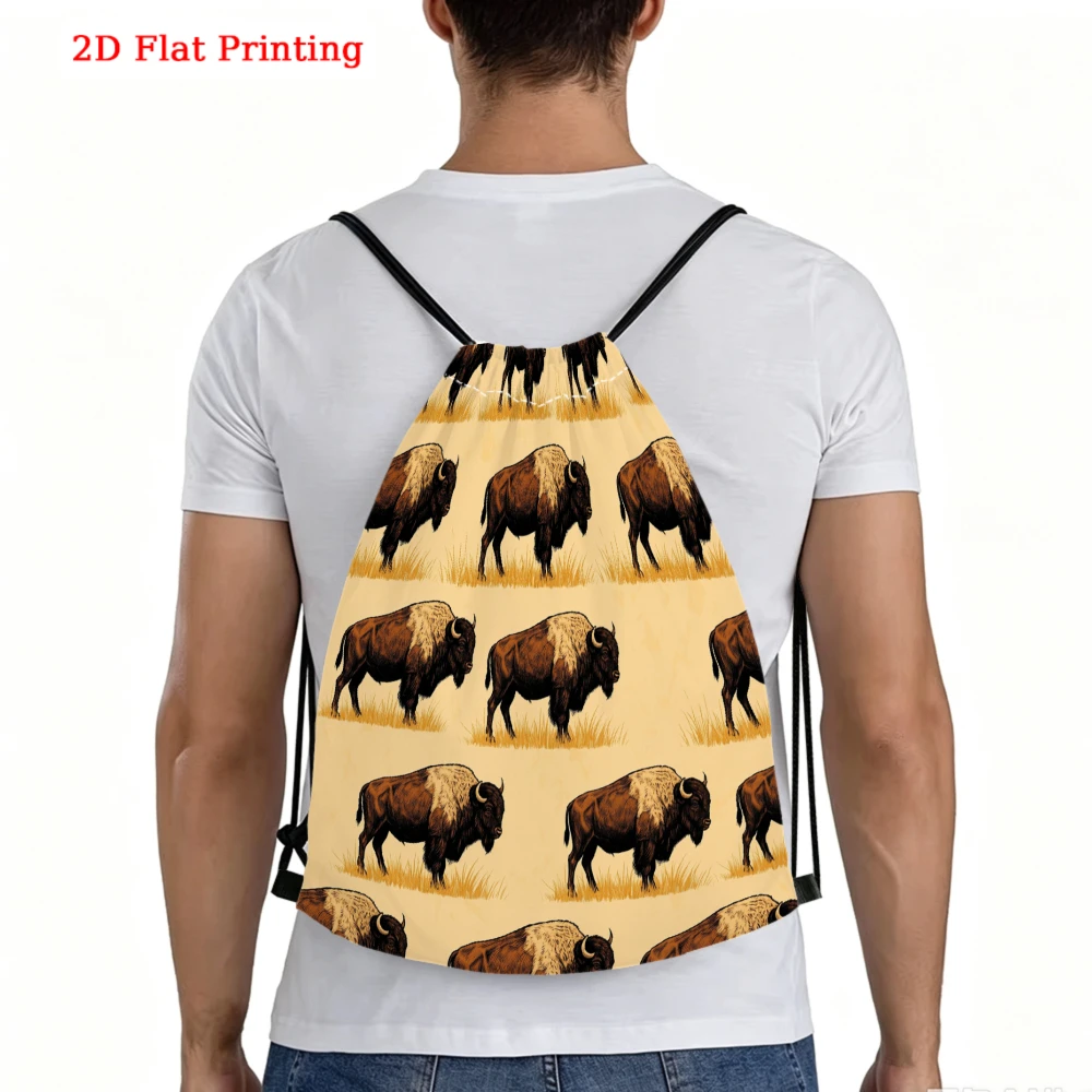 Vintage Style, Drawstring Backpack, 2D Flat Printing Bison Pattern, Fitness Sports Bag, Outdoor Travel Cinch Sack