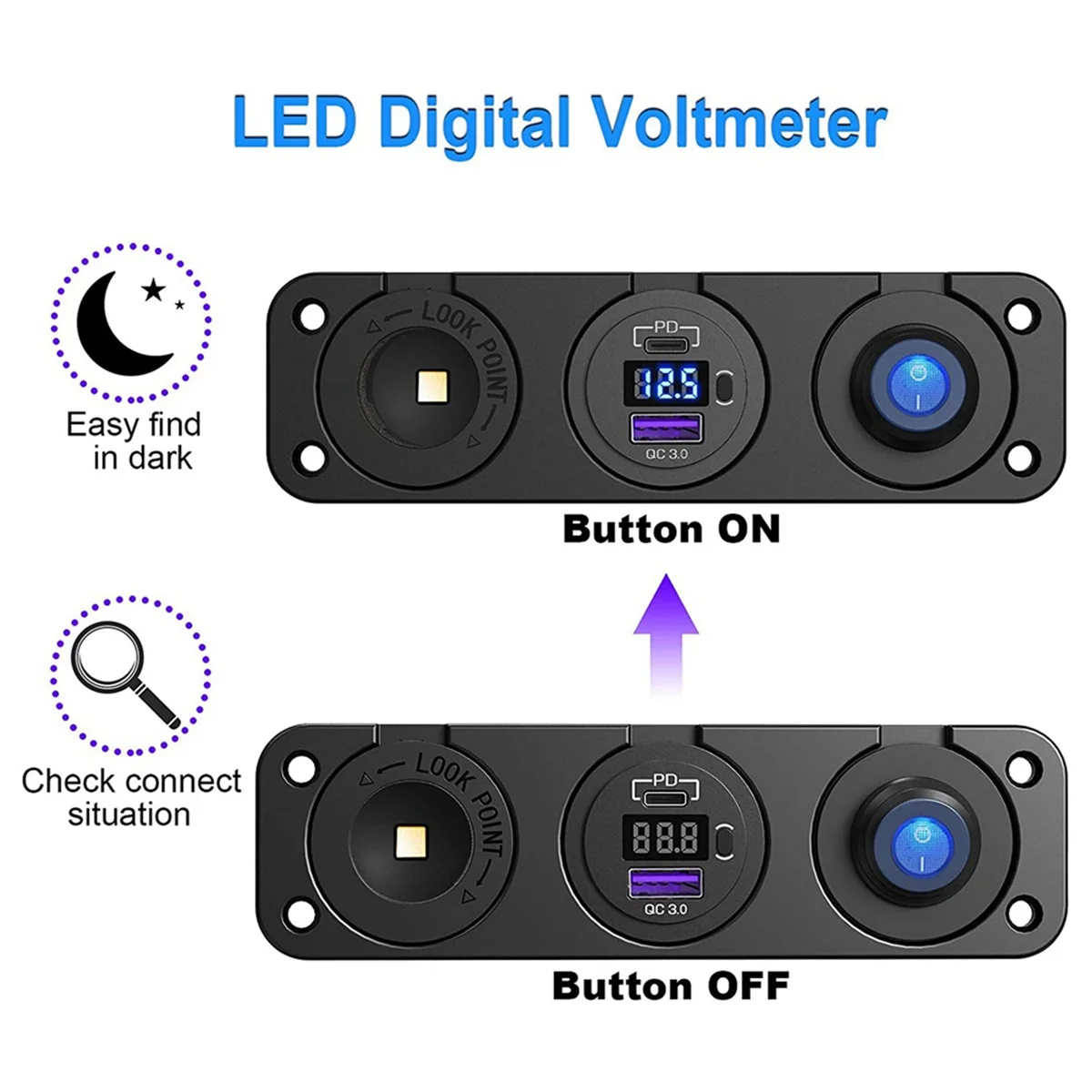 PD3.0 & QC3.0 USB Car Charger/Cigarette Lighter Panel 12V/24V 200W Lighter Socket with Switch for Car, Boat, RV, Truck