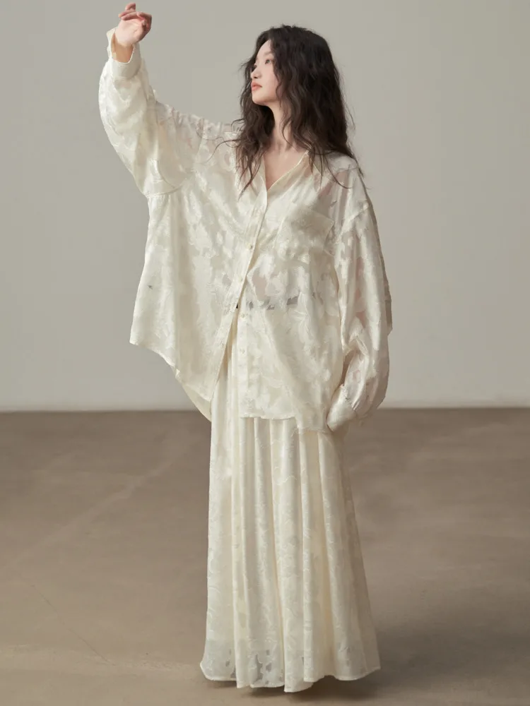 KWTX 2025 Nieuwe Vintage Getextureerde Jacquard Blouse & Midi Rok Set Vrouwen Lente Zomer Bloemen Kant Elegant Office Casual Outfit