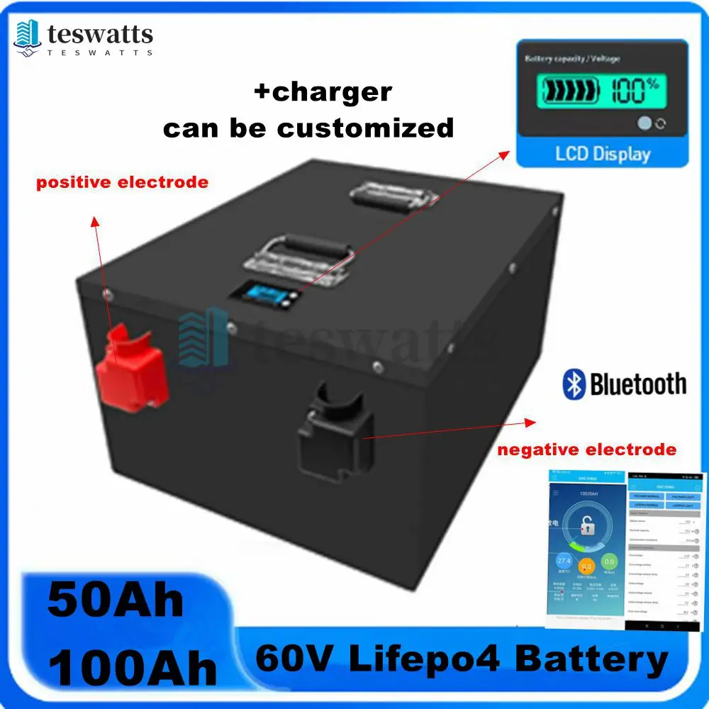 60V 50Ah 100Ah LiFePO4 Battery Pack Built-in Bluetooth BMS Lithium Iron Phosphate For Solar Golf Cart RV Storage Boat