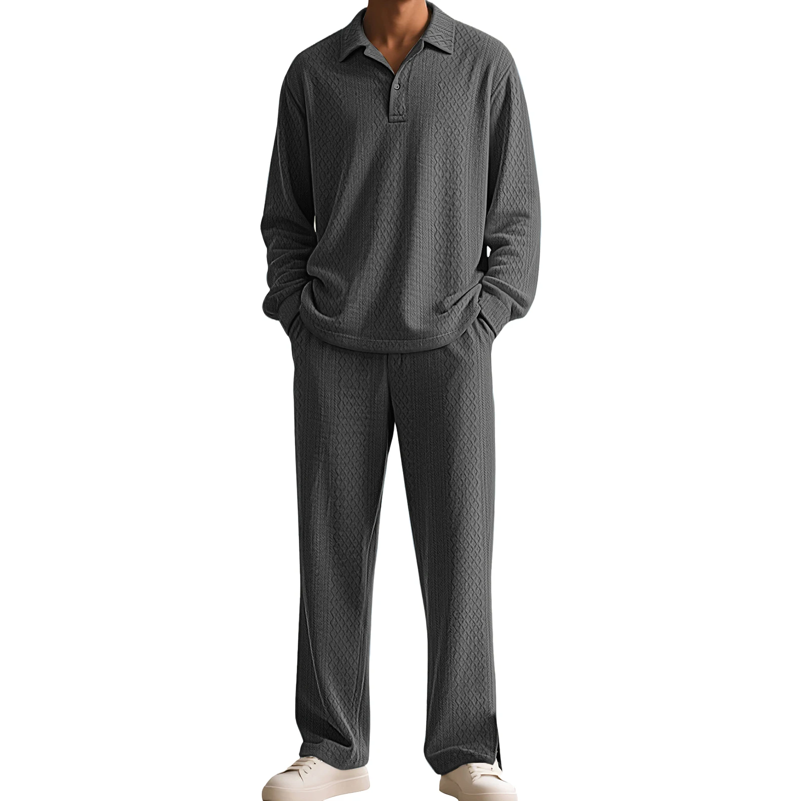 الصلبة اللون محكم عادية الياقة البلوز طويلة الأكمام بلوزات وسراويل الرياضة مجموعة الرجال الخريف والشتاء الدافئة طباعة فضفاضة #3