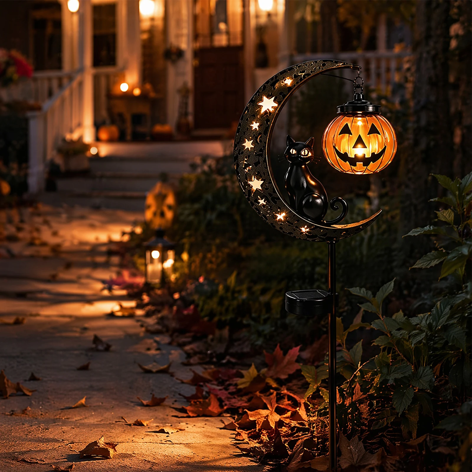 Solar Cat Moon Solar Lamp Outdoor Weatherproof Metal Pumpkin Stake Lights Auto On/Off for Outdoor Patio Pathway Yard Lawn Decors