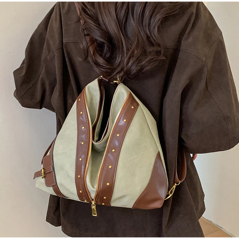 Vintage-Rucksack, Damen-Tragetasche, Retro-Spleiß-Hobo-Umhängetasche, lässige Alltags-Einkaufstasche mit Nieten-Dekor – Detail 24