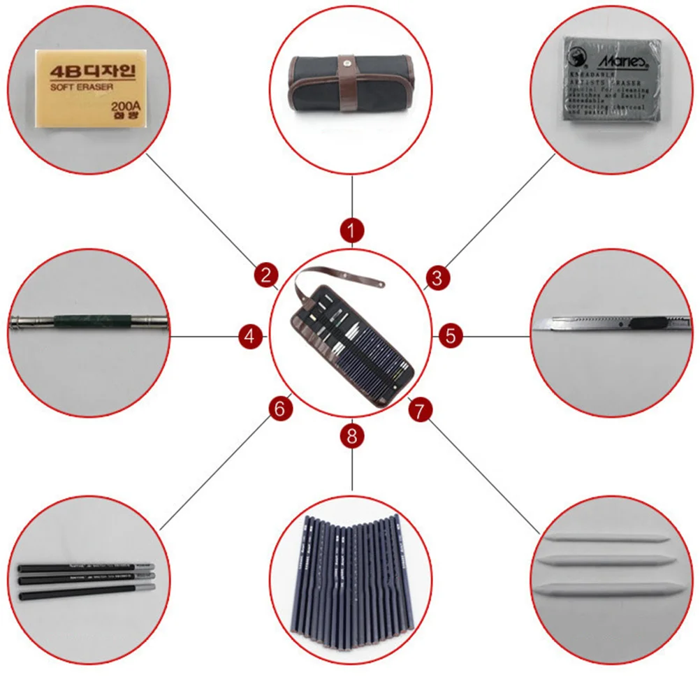 

29-Piece Drawing Pencil Set 18 Sketch 3 Charcoal Erasers Paper Pens Extender Canvas Bag for Beginners Professional