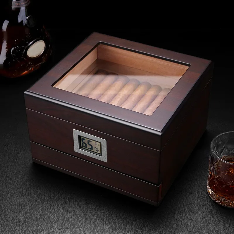 Glass Top Handcrafted Cigar Humidor with Digital Hygrometer | Accessory Drawer, Spanish Cedar Lined, Holds 25-50 Cigars