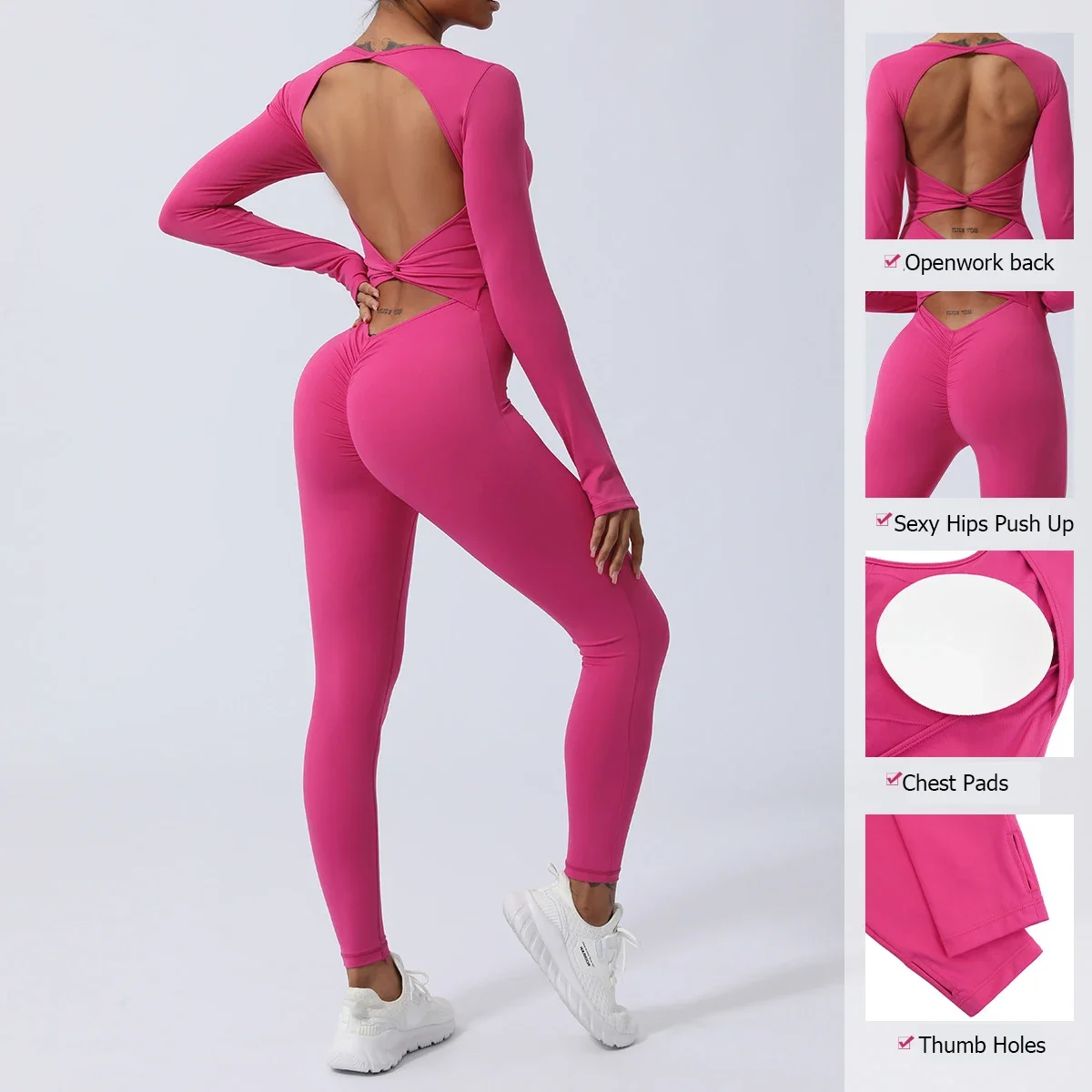 Vrouwen Gym Jumpsuit Met Lange Mouwen Effen Kleur Een Stuk Yoga Set Sexy Opengewerkte Rug Workout Kleding Vrouwelijke Ademende Sportkleding