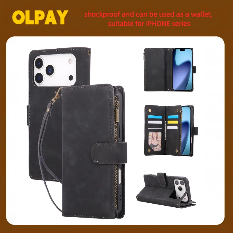

OLPAY Wallet Phone Case For Iphone17Pro Max 17Pro 17Air 16E 16Pro Max 16 15Pro 14 13 12 Mini 11Pro XR XSMAX Leather Flip Cover