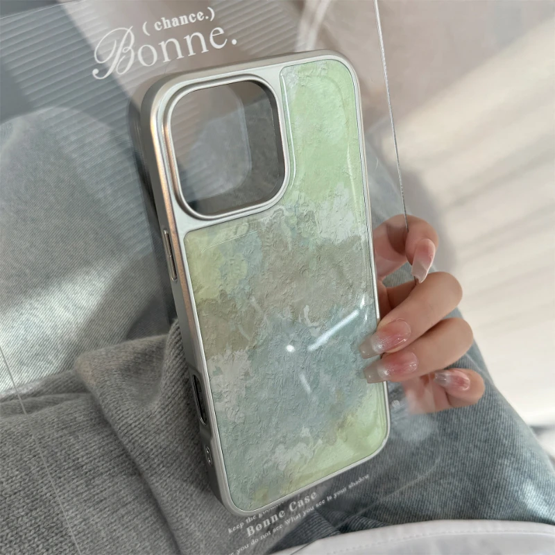 Fresh Green Oil Painting Y2K Korean Girl Phone Case For Samsung S23 FE S24 Plus S25 Ultra S26 Edge Anti Drop Resin Casting Cover