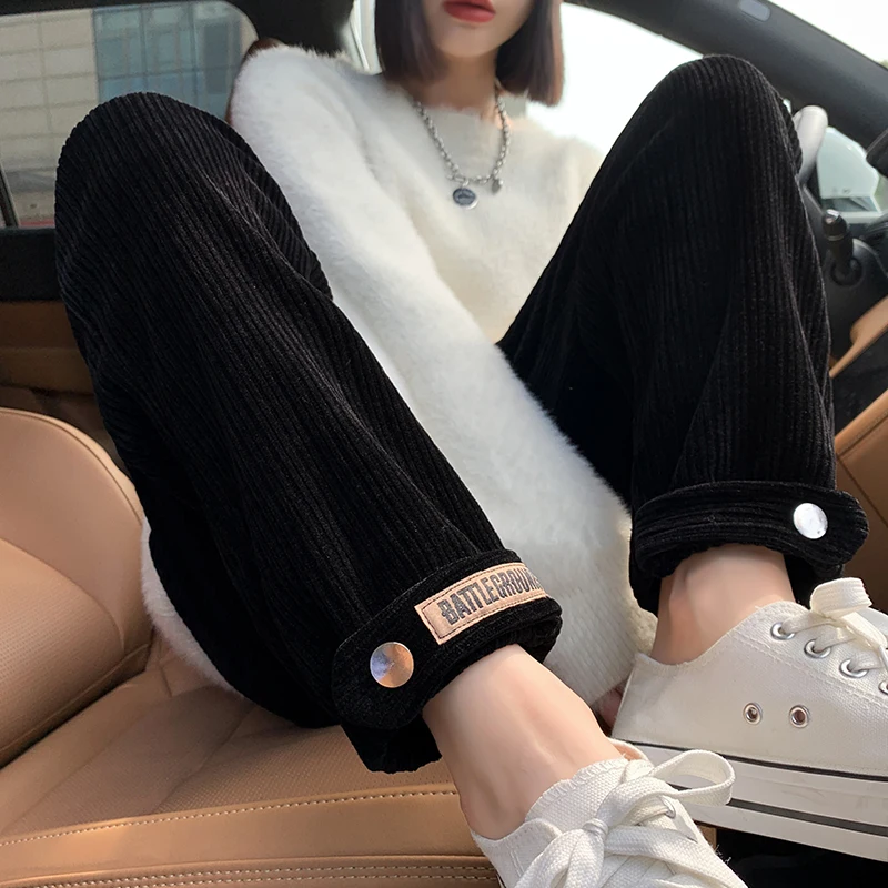 

Женские вельветовые брюки с высокой талией в корейском стиле, утепленные, свободные, с манжетами, для повседневной носки, осень-зима